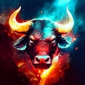 Bull head with fire flames on dark background. Vector illustration for your design Generative AI Royalty Free Stock Photo