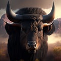 Bull head with horns in the background of a mountain landscape. 3d rendering generative AI