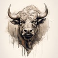 Aggressive Digital Illustration Of A Buffalo Head With Ink Splashes