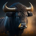 Bull head with horns in a foggy forest. 3D rendering Generative AI