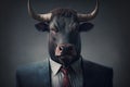 Bull head with horns in human body in business suit. Portrait. Grey background. Generative AI