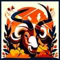 Bull head with horns and leaves. Vector illustration in flat style. Generative AI Royalty Free Stock Photo