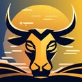 Bull head with horns on sunset background. Vector illustration in flat style. generative AI Royalty Free Stock Photo