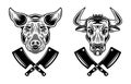 Bull head and pig head vector butchery objects or elements in monochrome style isolated on white background