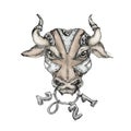 Bull head steampunk colorized symbol of 2021 year cartoon