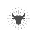 Bull head with sunburst. Cartoon cow silhouette inside rays isolated Royalty Free Stock Photo