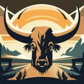 Bull head on the sunset background. Vector illustration in flat style. Generative AI Royalty Free Stock Photo