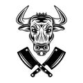 Bull head and two crossed meat cleavers vector monochrome illustration in vintage style isolated on white background Royalty Free Stock Photo