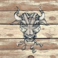Bull head on wooden background steampunk colorized symbol of 2021 year cartoon