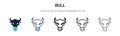 Bull icon in filled, thin line, outline and stroke style. Vector illustration of two colored and black bull vector icons designs