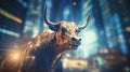 Bull illustration against city backdrop, indicating robust stock market.