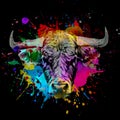 Bull illustration with colorful splashes, paint splashes art design