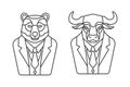 Bull line icon representing a bullish market. Bear line icon representing a bearish market. investing financial symbols