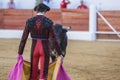 Bull looking at the toreador's crutch in a bullfight