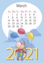 Bull. March 2021. Calendar. Funny calf on the background with colorful balloons and large numbers.