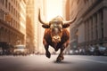 Bull market, a brown bull powerfully runs through a wide street of New York Royalty Free Stock Photo