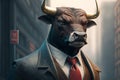 Bull market or Bullrun concept. Bull with horns as businessman in business district of city, animal