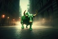 Bull market, a green bull powerfully runs through a wide street of New York Royalty Free Stock Photo
