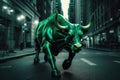 Bull market, a green bull powerfully runs through a wide street of New York Royalty Free Stock Photo