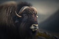 Bull muskox on tundra. Realistic generated AI