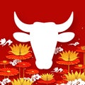 Bull New Year. Lotus Flower. Happy New Year. Bull, ox, cow. 2021 Lunar horoscope sign in paper cut style. Red and Gold Royalty Free Stock Photo