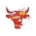 Bull New Year. Lotus Flower. Happy New Year. Bull, ox, cow. 2021 Lunar horoscope sign in paper cut style. Red and Gold Royalty Free Stock Photo