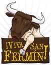 Bull over Wooden Sign for Festival of Spanish San Fermin, Vector Illustration