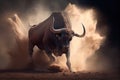 bull, pawing the ground and slamming its horns down in aggressive display