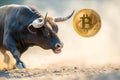 Bull pokes up bitcoin with its snout. Bullish trend concept.