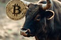 Bull pokes up bitcoin with its snout. Bullish trend concept.