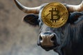 Bull pokes up bitcoin with its snout. Bullish trend concept.