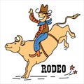 Bull rider cartoon vector illustration isolated on white. Vector funny cowboy riding a bull with rodeo text.