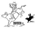 Bull rider cartoon vector illustration isolated on white. Vector funny cowboy riding a bull silhouette with rodeo text.