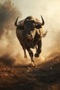 a bull running through the dark while breathing smoke, in the style of light brown and navy, grandeur of scale