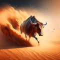Bull running in the desert. 3d illustration. Copy space. generative AI