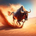 Bull running in the desert. 3d illustration. 3d rendering generative AI