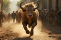 a bull running down a dirt road with people in the background