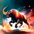 Bull running in the fire. Illustration on a dark background. AI generated