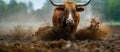 Bull Running Through Muddy Field Royalty Free Stock Photo