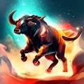 Bull running in the space. Illustration of a powerful bull. AI generated