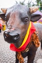 Bull`s statue with a Spanish flag Royalty Free Stock Photo