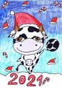 A bull in a Santa Claus hat holds a balloon. Children`s drawing Royalty Free Stock Photo