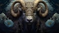 A bull with sheep\'s horns, long wool and fancy decorations, an amazing creature.