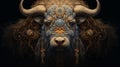 A bull with sheep\'s horns, long wool and fancy decorations, an amazing creature.