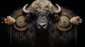 A bull with sheep\'s horns, long wool and fancy decorations, an amazing creature.