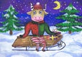 The bull sits on sledges with New Year`s gifts. Children`s drawing