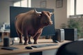 bull is sitting at the office table in front of a computer.generative ai Royalty Free Stock Photo