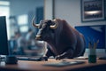 bull is sitting at the office table in front of a computer.generative ai Royalty Free Stock Photo