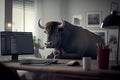 bull is sitting at the office table in front of a computer.generative ai Royalty Free Stock Photo