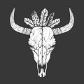Bull skull with feathers native Americans tribal style. Tattoo blackwork. Vector hand drawn illustration
